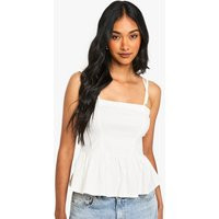 boohoo Women's Tie Shoulder Peplum Top in White | Size: 10 | Knitted | boohoo (US & Canada)