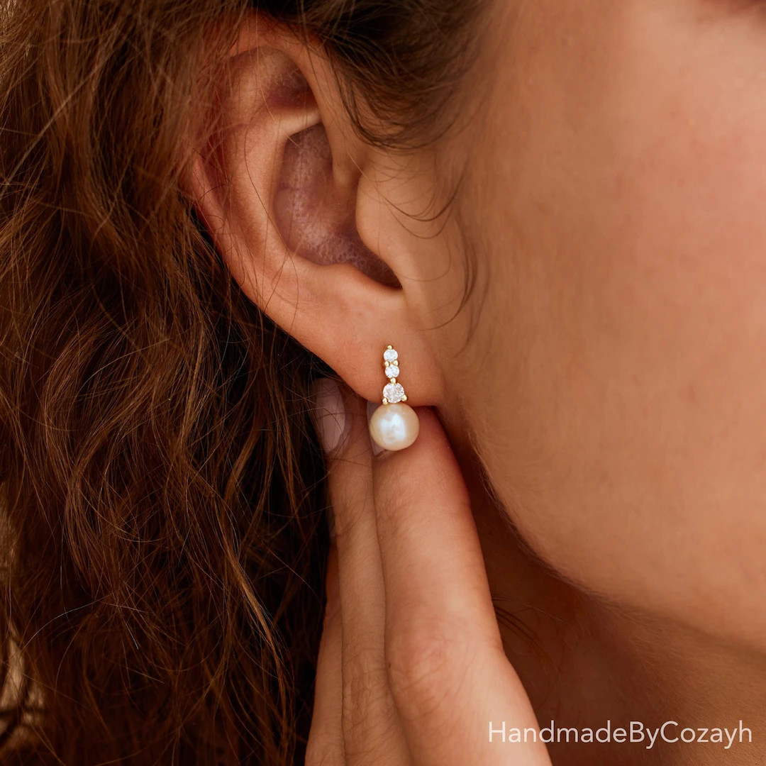 Real Freshwater Pearl Drop Earrings With Diamond, Bridal Earrings, Wedding Earrings for Brides, P... | Etsy (US)