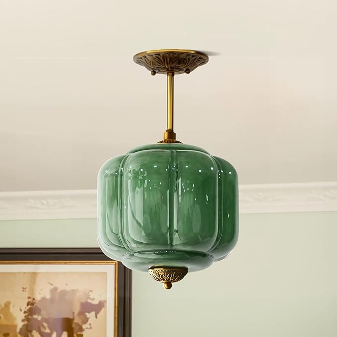 Milk Glass Ceiling Light Fixture - Antique Brass Semi Flush Mount Pendant Light for Kitchen, Hall... | Amazon (US)