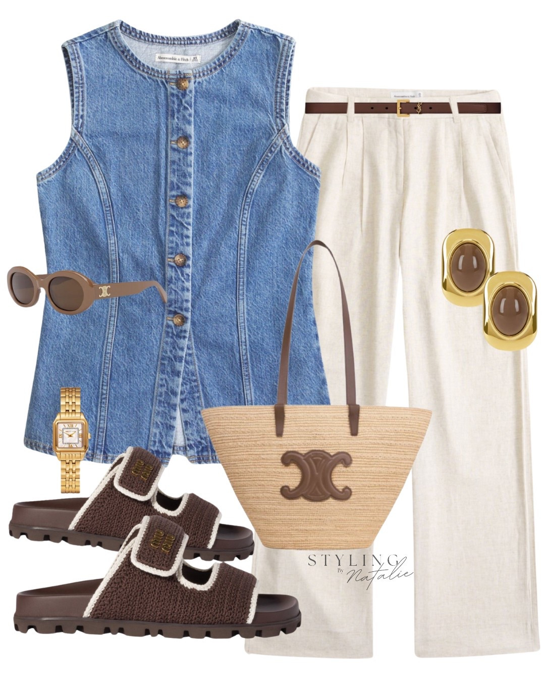 Spring summer style- Denim waistcoat, tailored linen trousers, crochet Miu Miu sandals, celine tote bag, celine sunglasses and gold/brown accessories. 
Trending, spring trends, Abercrombie, linen pants, casual chic. 

#LTKuk #LTKspring #LTKsummer