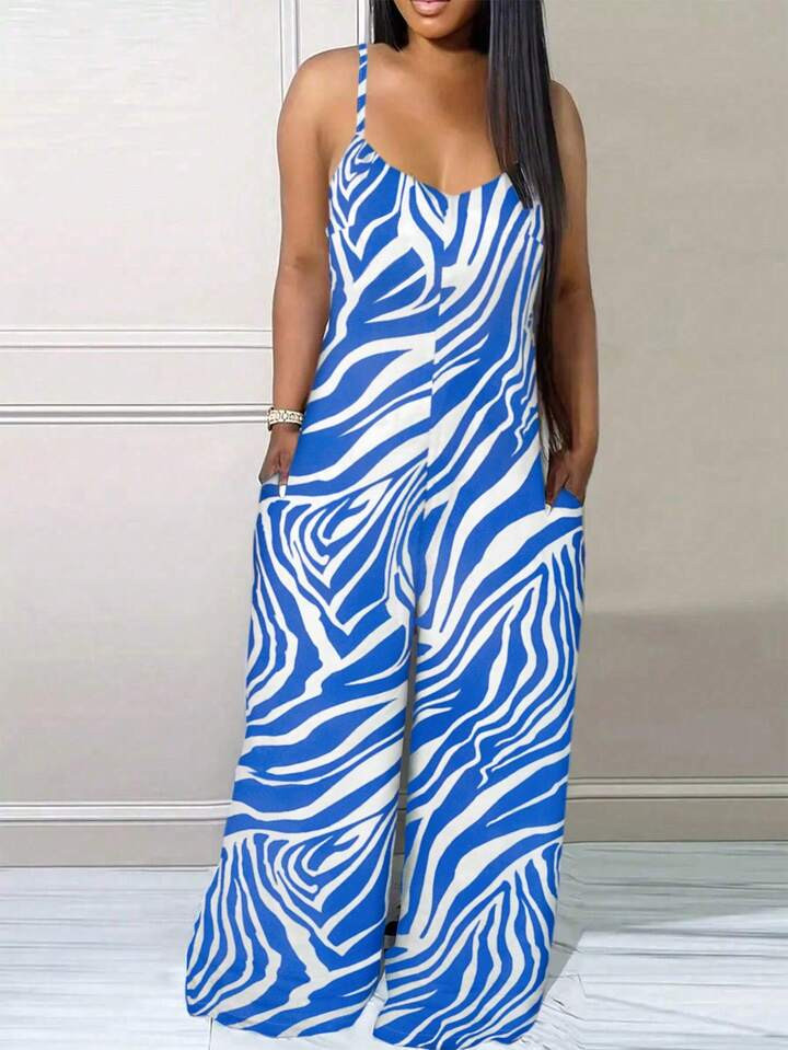 SHEIN Slayr Dames zomer mouwloze baggy zebraprint jumpsuits met zakken | SHEIN