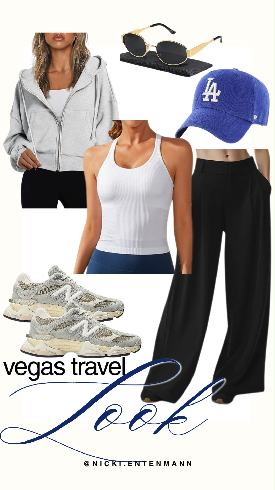 Travel to Las Vegas in style with this comfortable and chic airport outfit featuring a trendy oversized grey hoodie. Pair high waisted black wide leg trousers with classic New Balance sneakers for a look that is perfect for a long flight or walking the Strip. Complete the ensemble with a signature LA baseball cap and sleek gold rimmed sunglasses for a touch of effortless cool. This versatile travel look ensures you arrive in Vegas ready for adventure while staying cozy all day long.

#vegasstyle #traveloutfit #airportstyle #newbalance #streetwear #travelgram #lasvegas #comfortablestyle #springtravel #ootdinspo 

 #LTKootd #LTKmomlife #LTKTravel