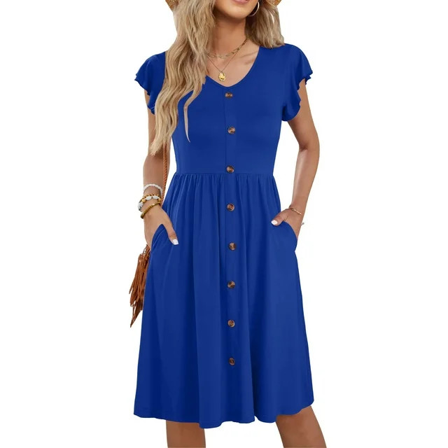 Fantaslook Women Summer Dresses V Neck Ruffle Sleeve Casual Flowy Sundresses Button Floral Midi D... | Walmart (US)