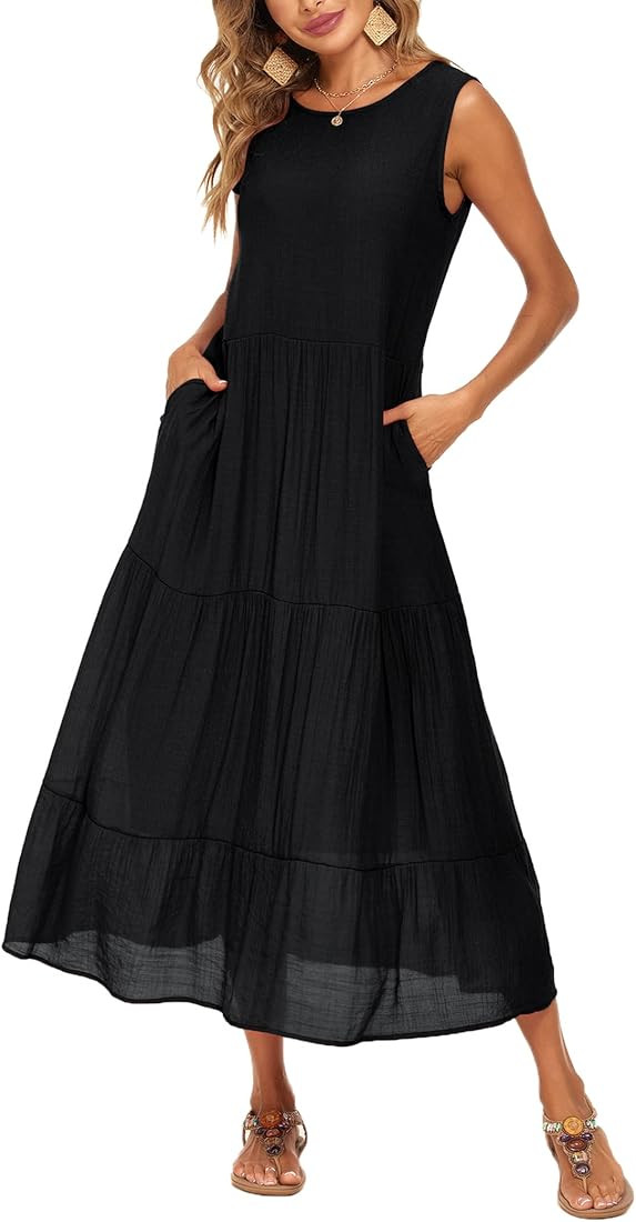 Halife Women's Summer Casual Maxi Dresses Flowy Ruffle Boho Long Dresses with Pockets | Amazon (US)