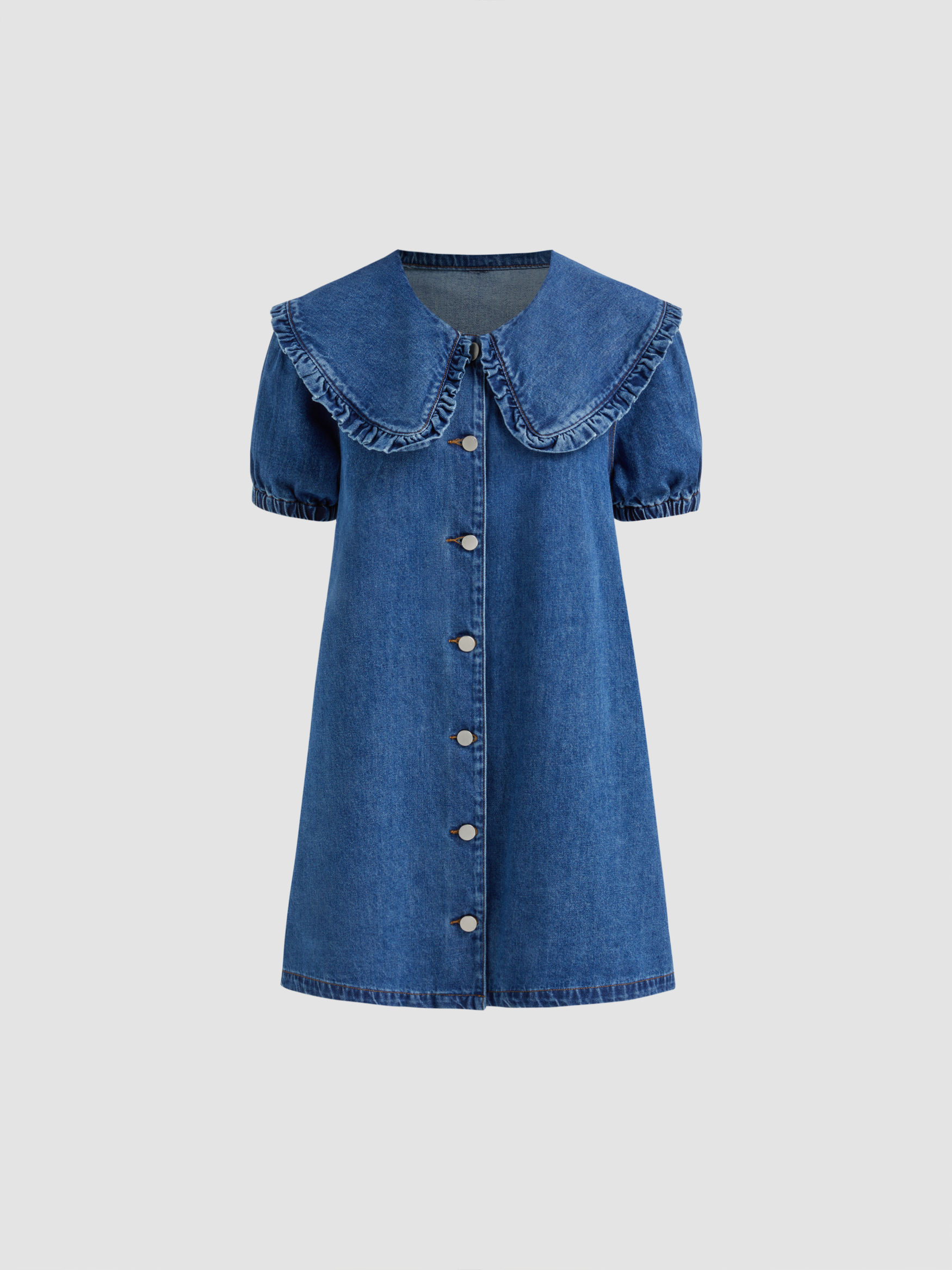 denim denim dress denim shirt dress Denim Denim Peter Pan Collar Button Through Smock Puff Sleeve... | Cider