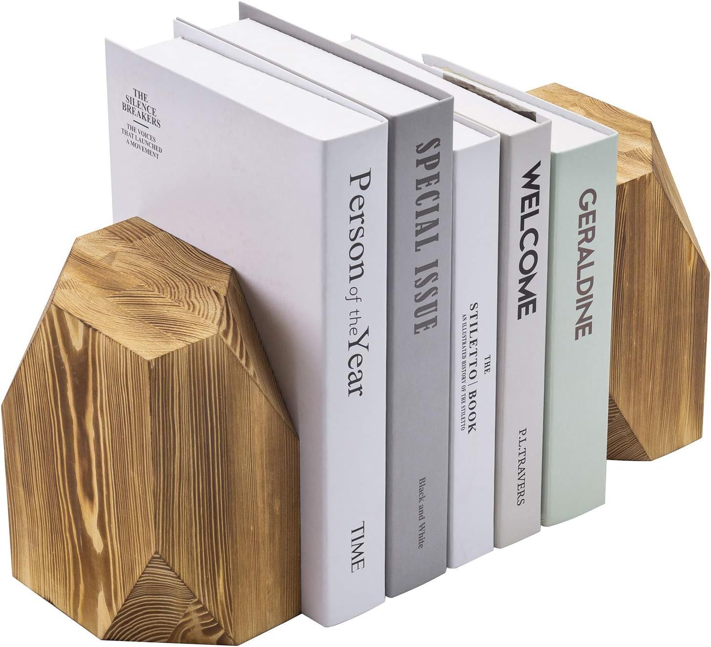MyGift Rustic Burnt Solid Wood Geometric Style Bookends, Set of 2 | Amazon (US)