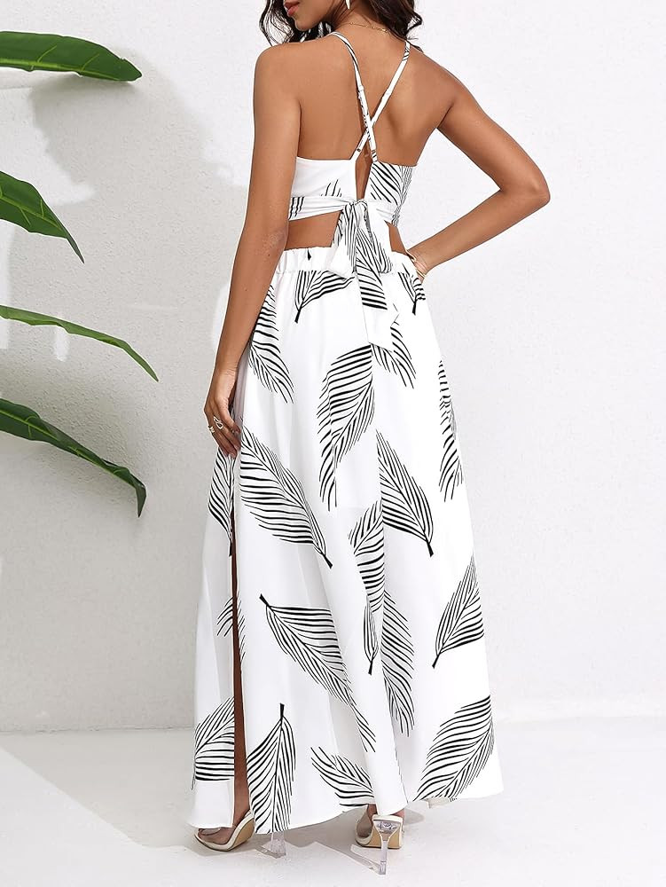 BEAUDRM Women's 2 Piece Outfits Tropical Print Beach Outfits Tie Cami Crop Top and Split Maxi Ski... | Amazon (US)
