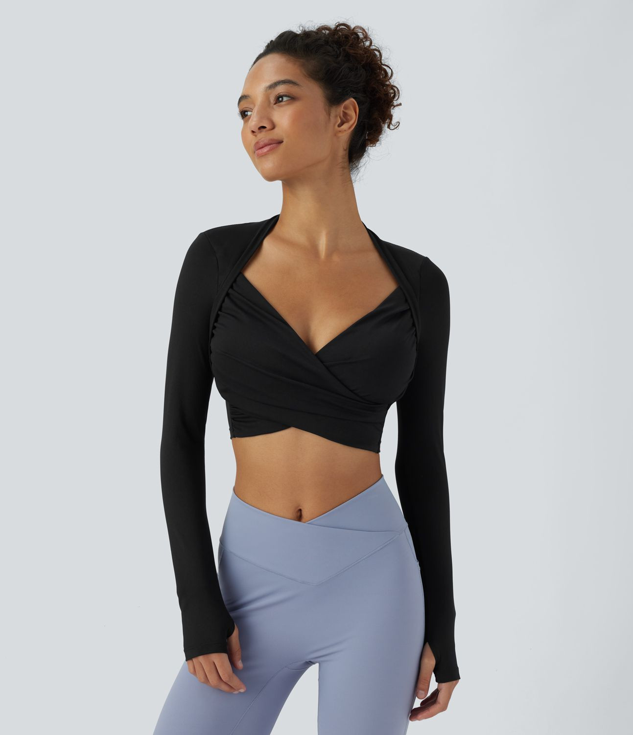 Women’s V Neck Crisscross Ruched Thumb Hole Cropped Yoga Sports Top - Halara | HALARA