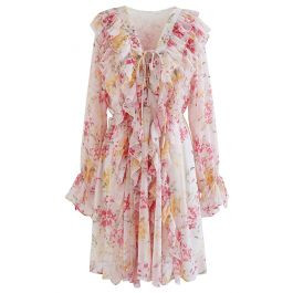Lace-Up Floral Watercolor Ruffle Mini Dress | Chicwish
