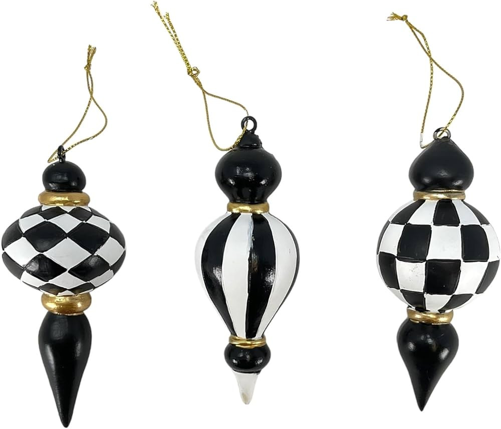 GERSON Checkered and Striped Black and White Finial Christmas Ornament 3 Piece Set, Black, White,... | Amazon (US)
