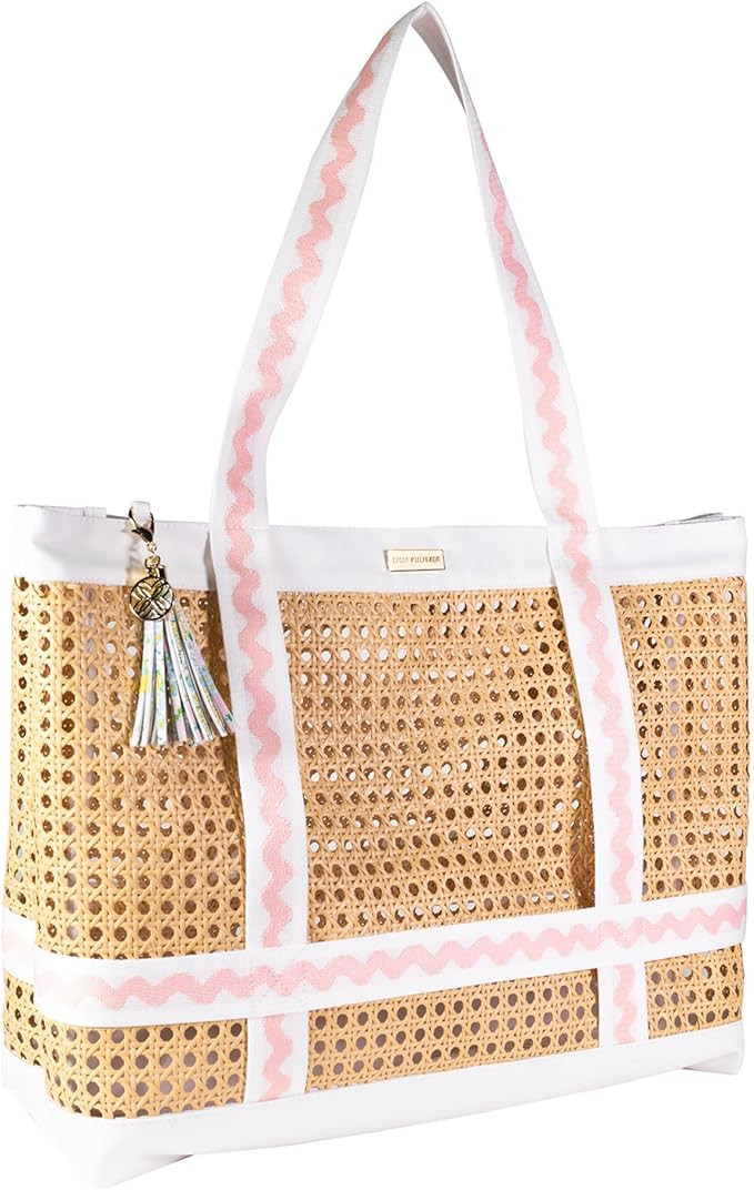 Lilly Pulitzer Large Travel Tote Bag with Hat Holder Strap, Caning Beach Bag with Tassel Keychain | Amazon (US)