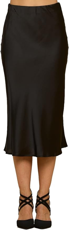 RENEEC. Women Solid Satin High Waist Elastic A Lined Midi Skirt - Made in USA | Amazon (US)