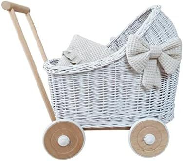 WIKLIBOX White Rattan Doll Stroller - Hand Made in Europe - Includes Bows and Bedding - Wood Handle, | Amazon (US)