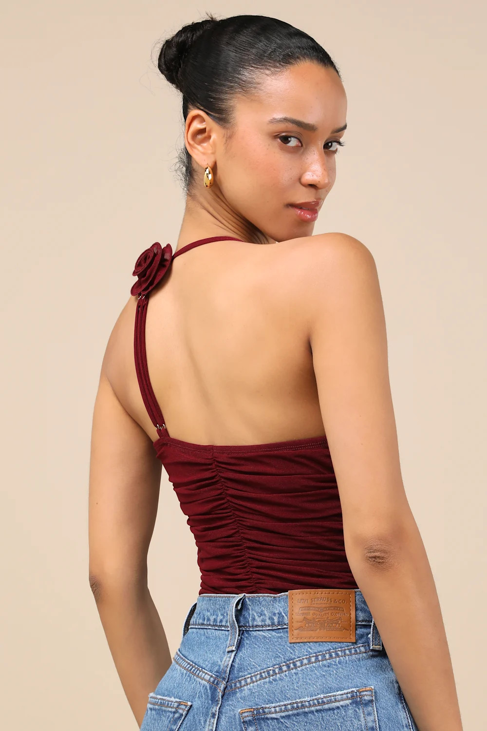 Elyas Burgundy Mesh Ruched Rosette Backless Bodysuit | Lulus
