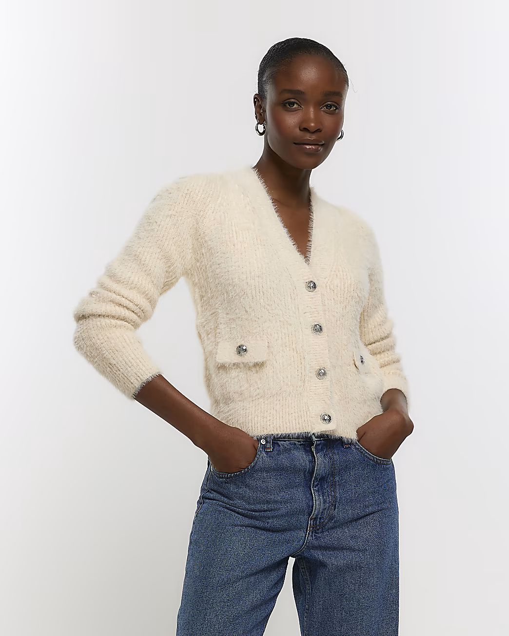 Cream knitted shoulder pad cardigan | River Island (UK & IE)