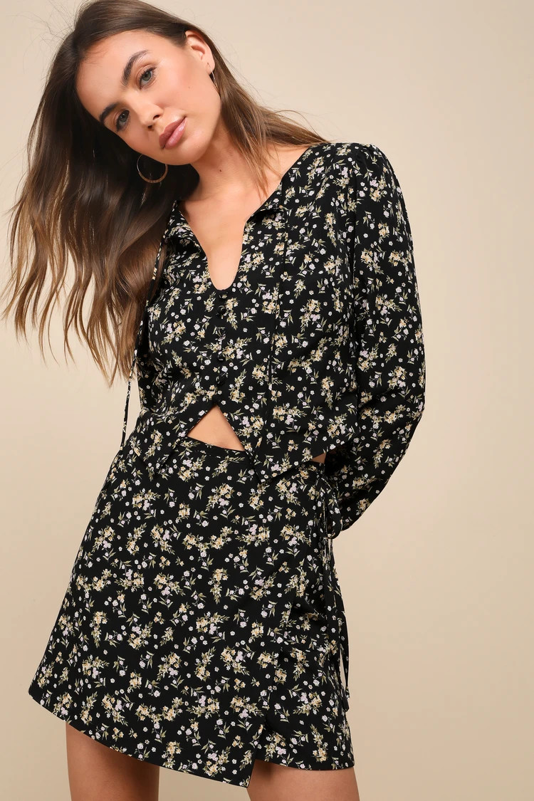 Sophisticated Crush Black Floral Print Two-Piece Mini Wrap Dress | Lulus