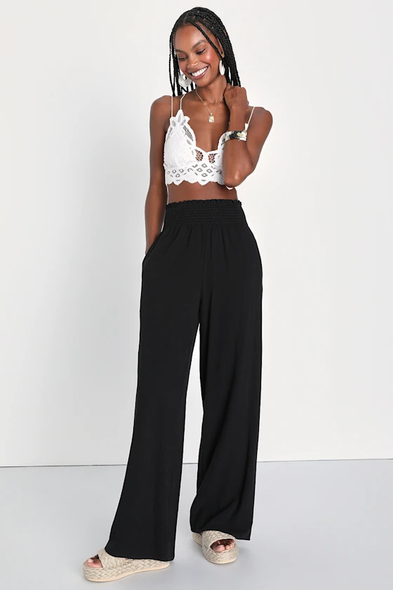 Hit the Breeze Black Smocked Wide-Leg Pants | Lulus