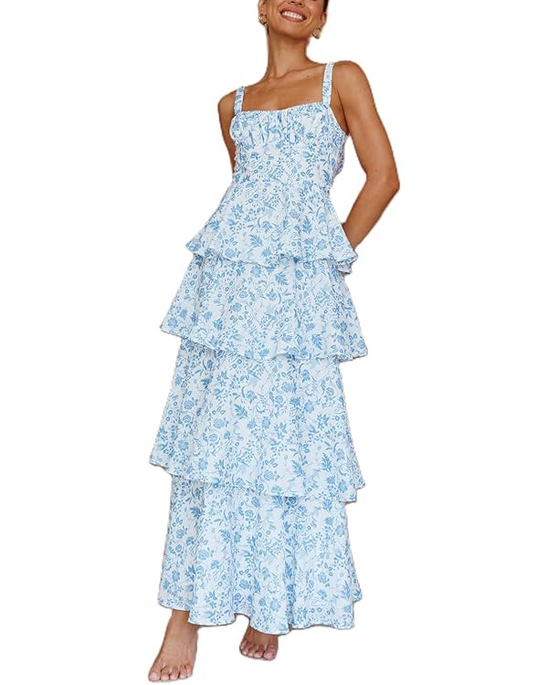 Women Y2k Square Neck Floral Tiered Cami Tank Maxi Dress Cute Patchwork Open Back Tie Ruffle Flow... | Amazon (US)