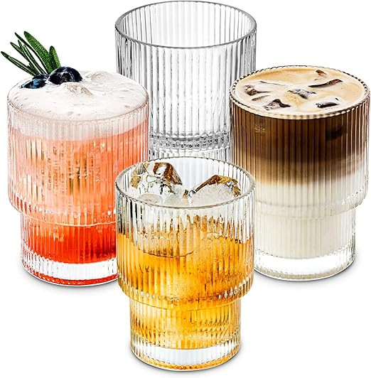Combler Drinking Glasses, Rocks Cocktail Glasses 6 oz, Ribbed Glass Cups Set of 4, Coffee Bar Acc... | Amazon (US)