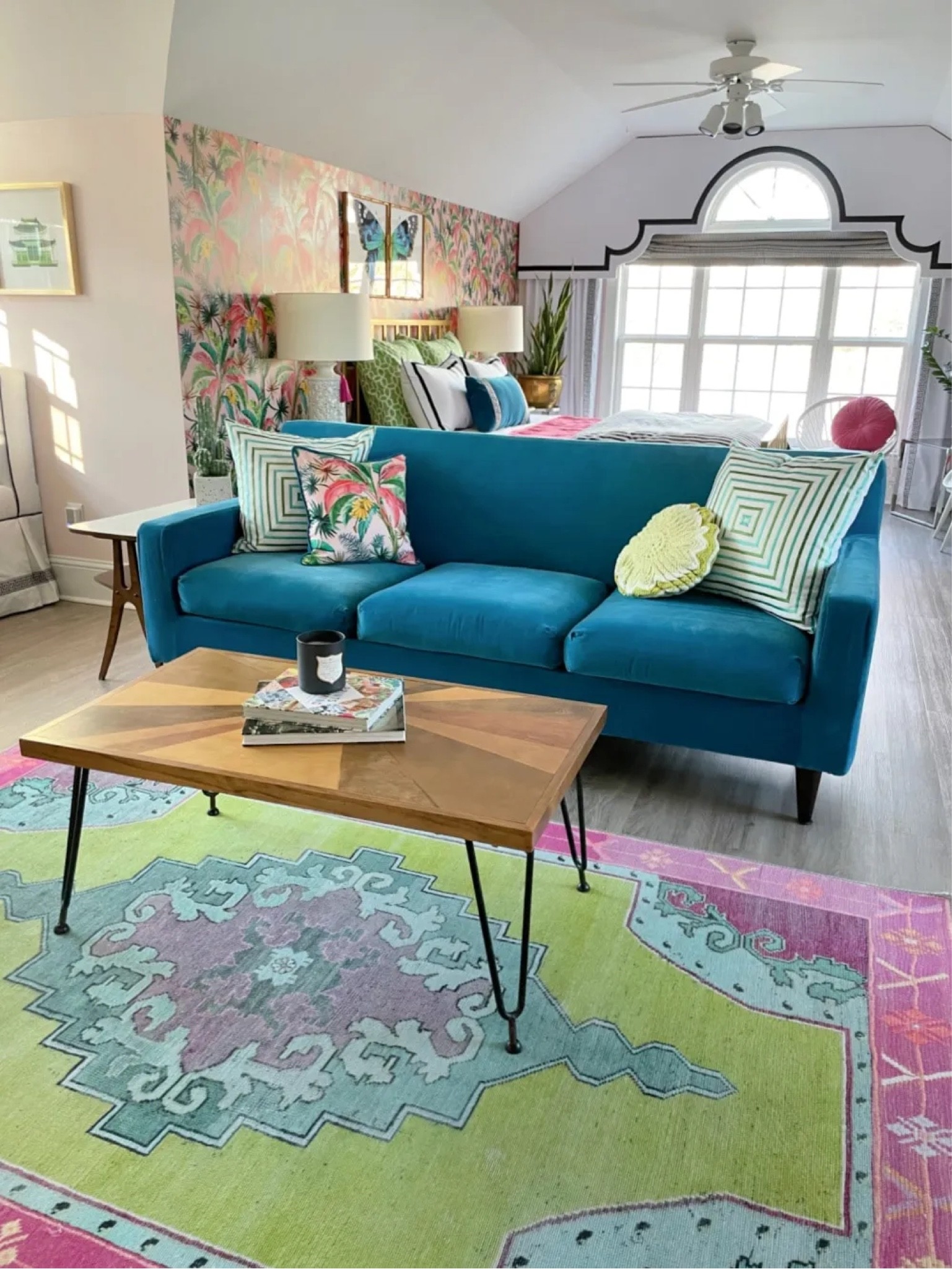 Blue velvet sofa, Hollywood regency, Girls room, wallpaper, hairpin coffee table, colorful home 

#LTKhome