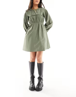 ASOS DESIGN cotton poplin mini dress with ruched bust in khaki | ASOS (Global)