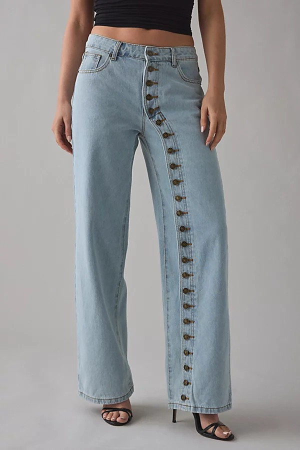 Lioness Penny Asymmetric Button Detail Low Rise Straight Leg Jean in Light Blue, Women's at Urban Outfitters | Urban Outfitters (US and RoW)