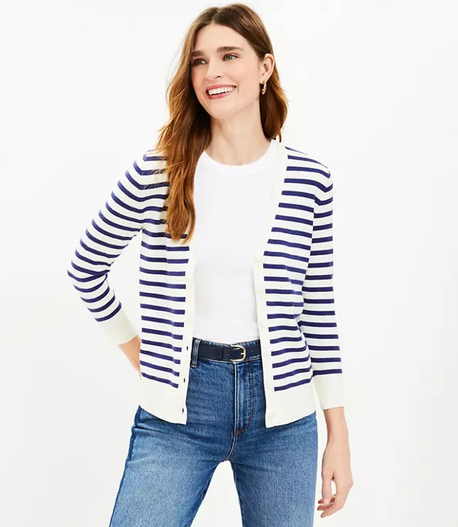 Striped 3/4 Sleeve V-Neck Cardigan | LOFT