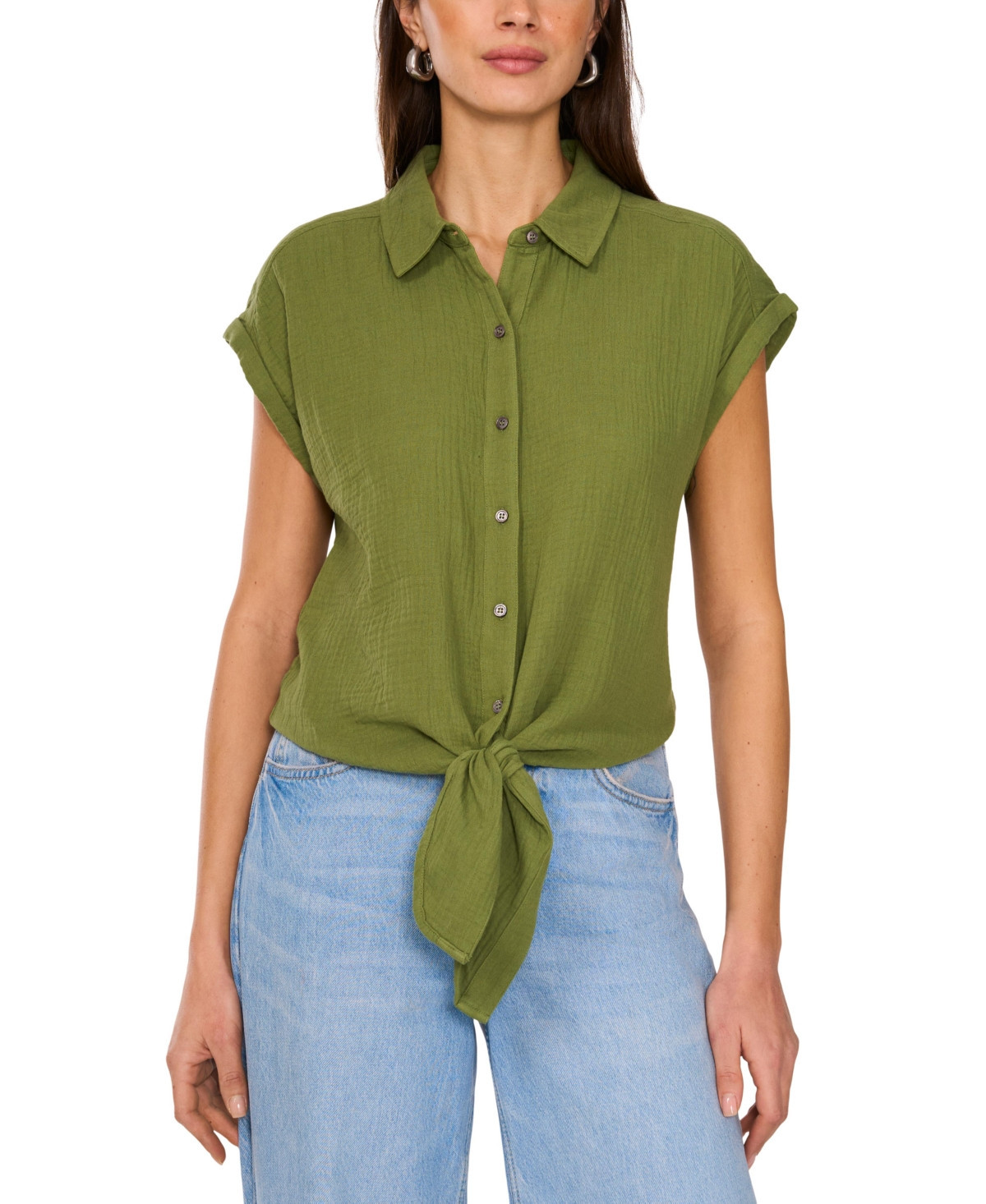 Vince Camuto Women's Cotton Short-Sleeve Tie-Front Blouse - Dark Green | Macy's