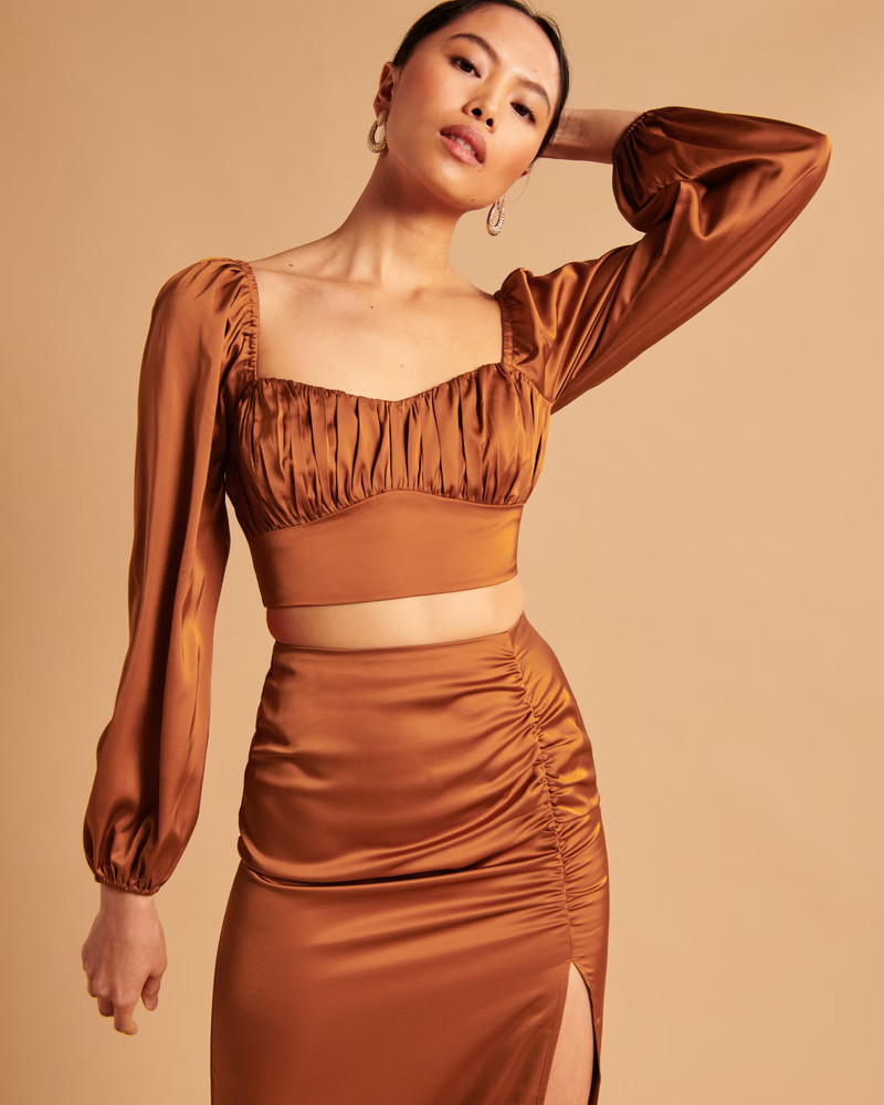 Cropped Long-Sleeve Satin Top | Abercrombie & Fitch (US)