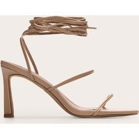 Nude Pu Square Toe Strappy Lace Up Mid Stiletto Heeled Sandals | PrettyLittleThing US