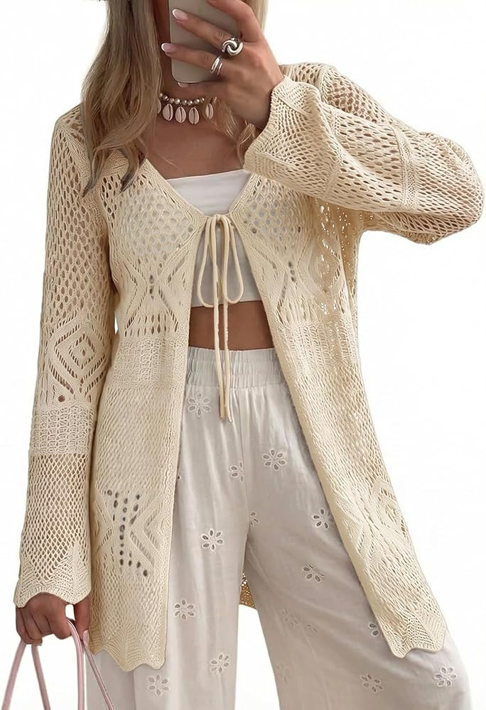 SHEWIN Crochet Cardigans for Women Long Sleeve Tie Front Bow Cardigan Sweaters Hollow Out Knit Su... | Amazon (US)