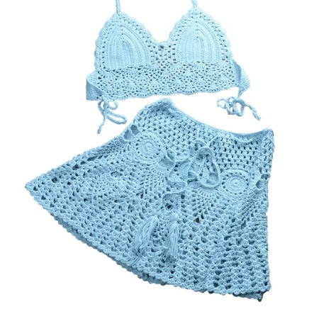TIERPOP Crochet Bikini Sets Solid Color Knitted Off Shoulder Top Bottom Bikini Beachwear | Walmart (US)