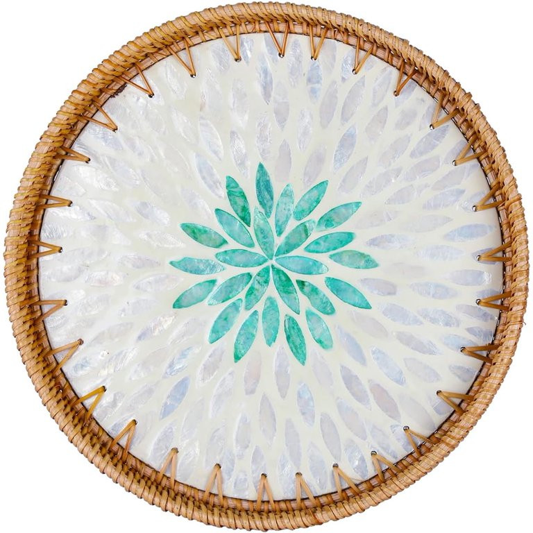 Rattan Serving Tray with Mother of Pearl, Round Coffee Table Tray Decor, Round Wicker Tray, Boho ... | Walmart (US)