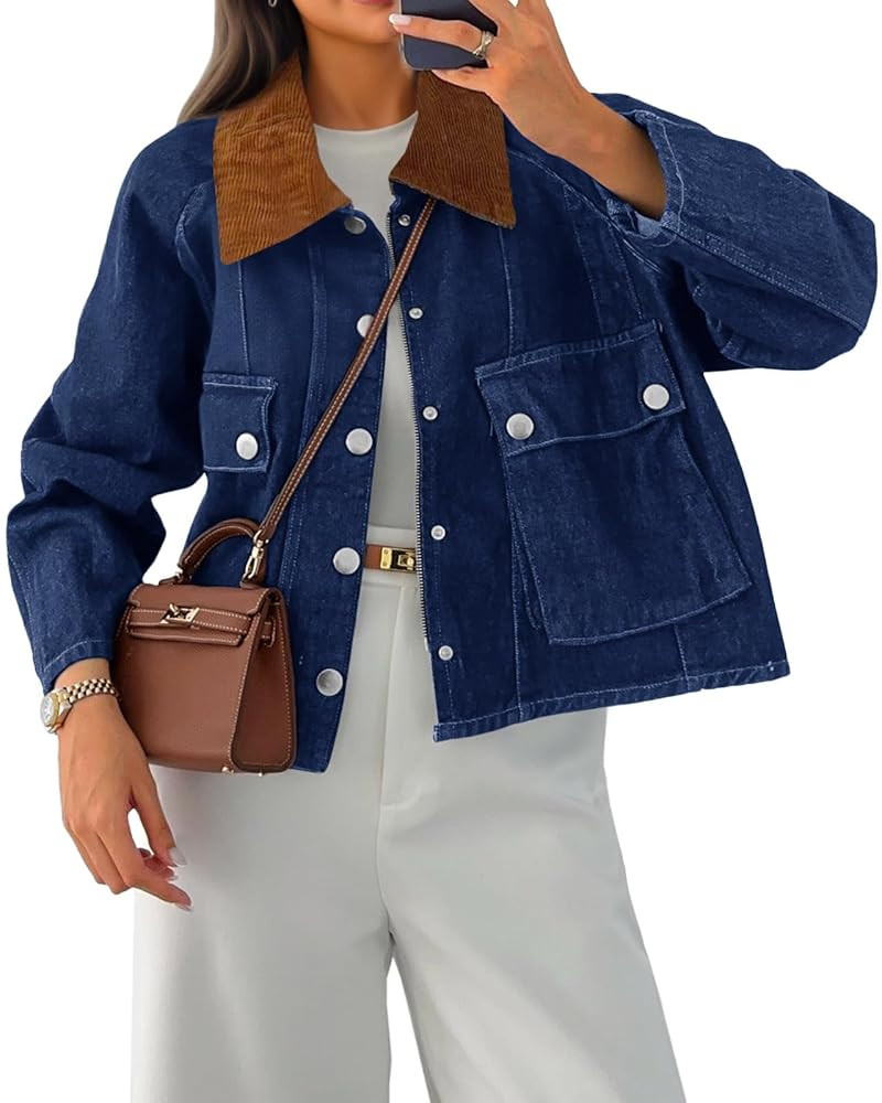 Cicy Bell Womens Cropped Denim Jackets Patchwork Corduroy Collar Barn Jean Jackets Snap Button Co... | Amazon (US)