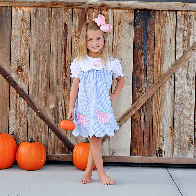 Sweet Pumpkin Bow Light Blue Gingham Amelia Dress | Classic Whimsy