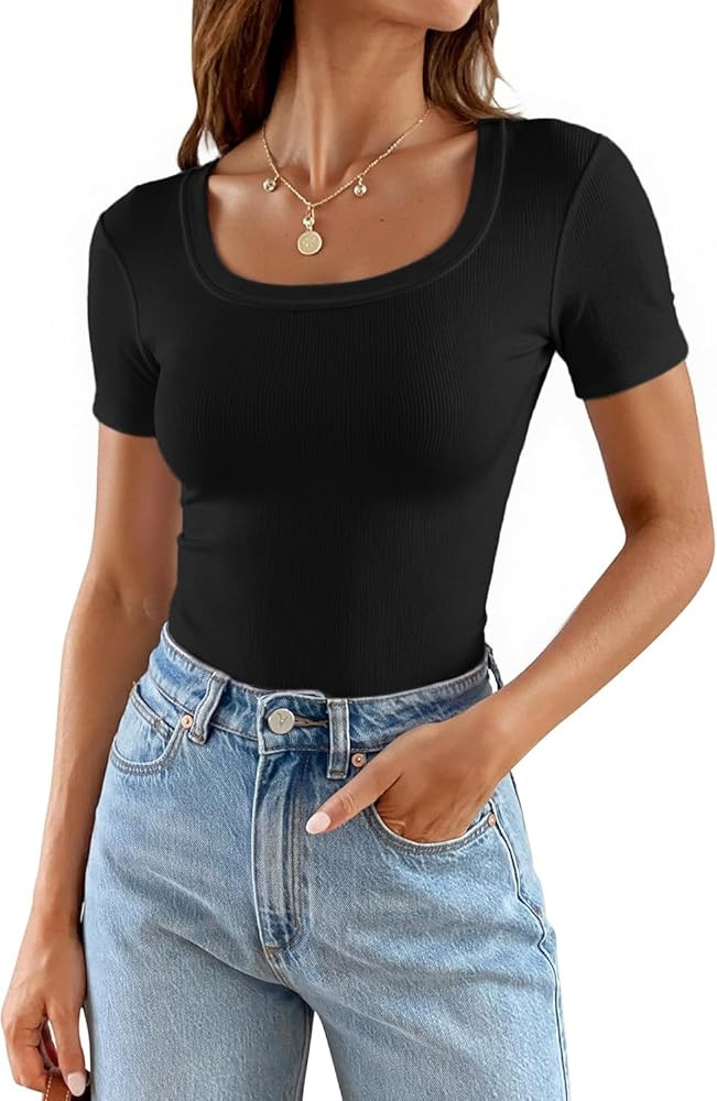 Areecin Womens Summer Tops Square Neck Cute Short Sleeve Going Out Tops Ribbed Knit Tee Tshirt | Amazon (US)