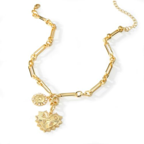 Jragoine Chunky Gold Charm Necklace for Women,18K Gold Plated Charm Necklace with Heart, Sun, Moon, Evil Eye, Paper Clip Pendant,Boho Chic Lucky Necklace for Women | Amazon (US)