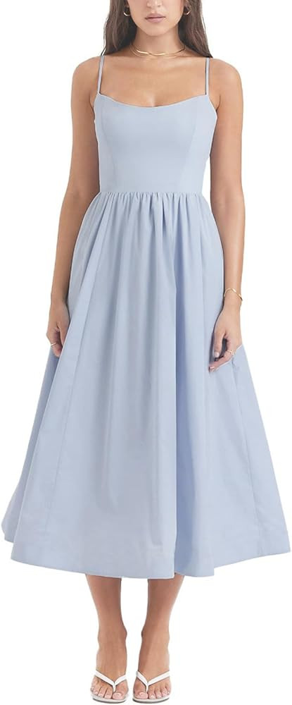 Rooscier Women's Spaghetti Strap Sleeveless High Waist Ruffle A Line Pockets Midi Dress | Amazon (US)