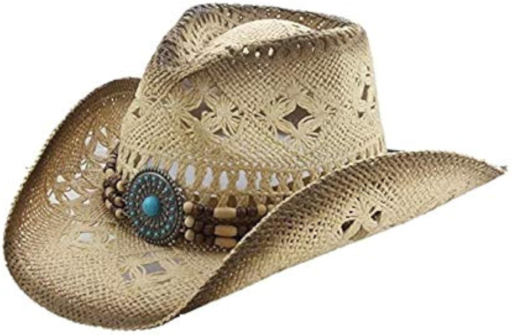 hwojjha Men's & Women's Western Style Cowboy/Cowgirl Toyo Straw Hat (Tea Stain-Turquoise/Beads) | Amazon (US)