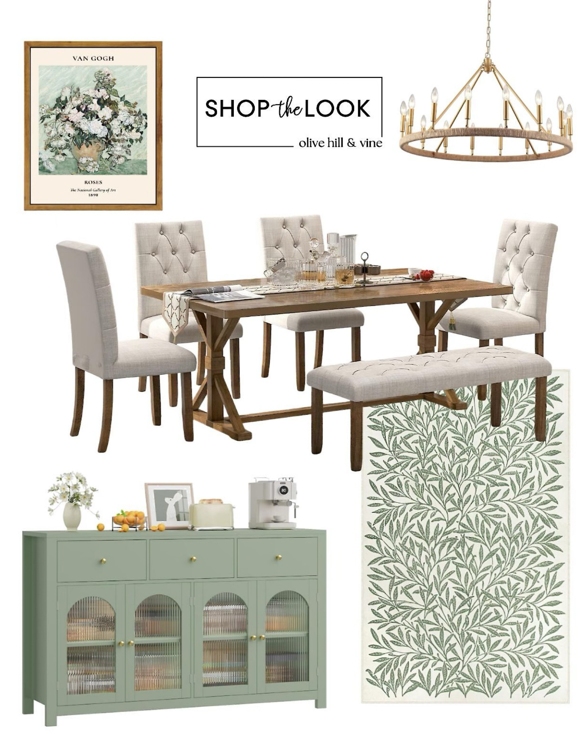 This dining room exudes farmhouse charm with a modern twist. Embrace sage tones and nature-inspired details—featuring a leaf-patterned rug, sage green buffet with fluted glass, Van Gogh art, a grand wagon wheel chandelier, and a dining set with a tufted bench. 

#LTKHome #LTKStyleTip #LTKFamily