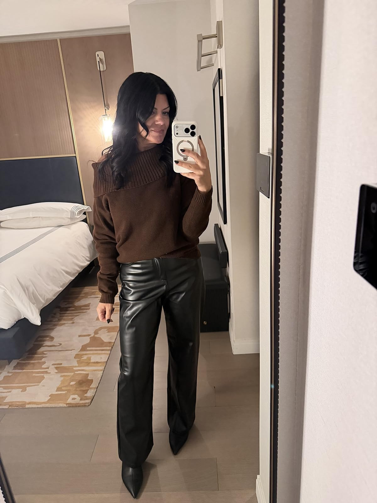 Date night outfit. Faux leather pants, off shoulder sweater, kitten heel boots and faux fur jacket. Look for less. Winter fashion. Brown and black styling. | Amazon (US)