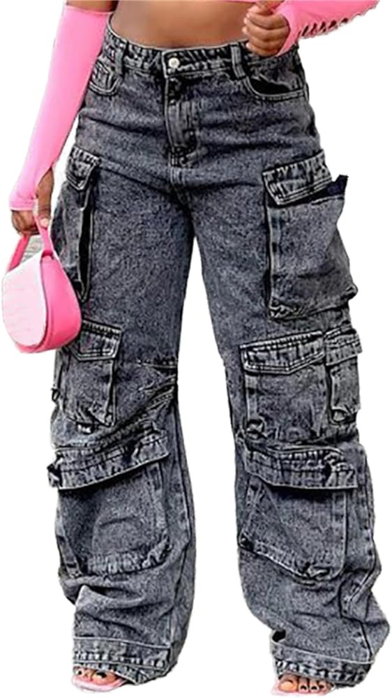 Cargo Jeans for Women Y2K High Waisted Baggy Jeans Straight Wide Leg Cargo Pants Streetwear | Amazon (US)
