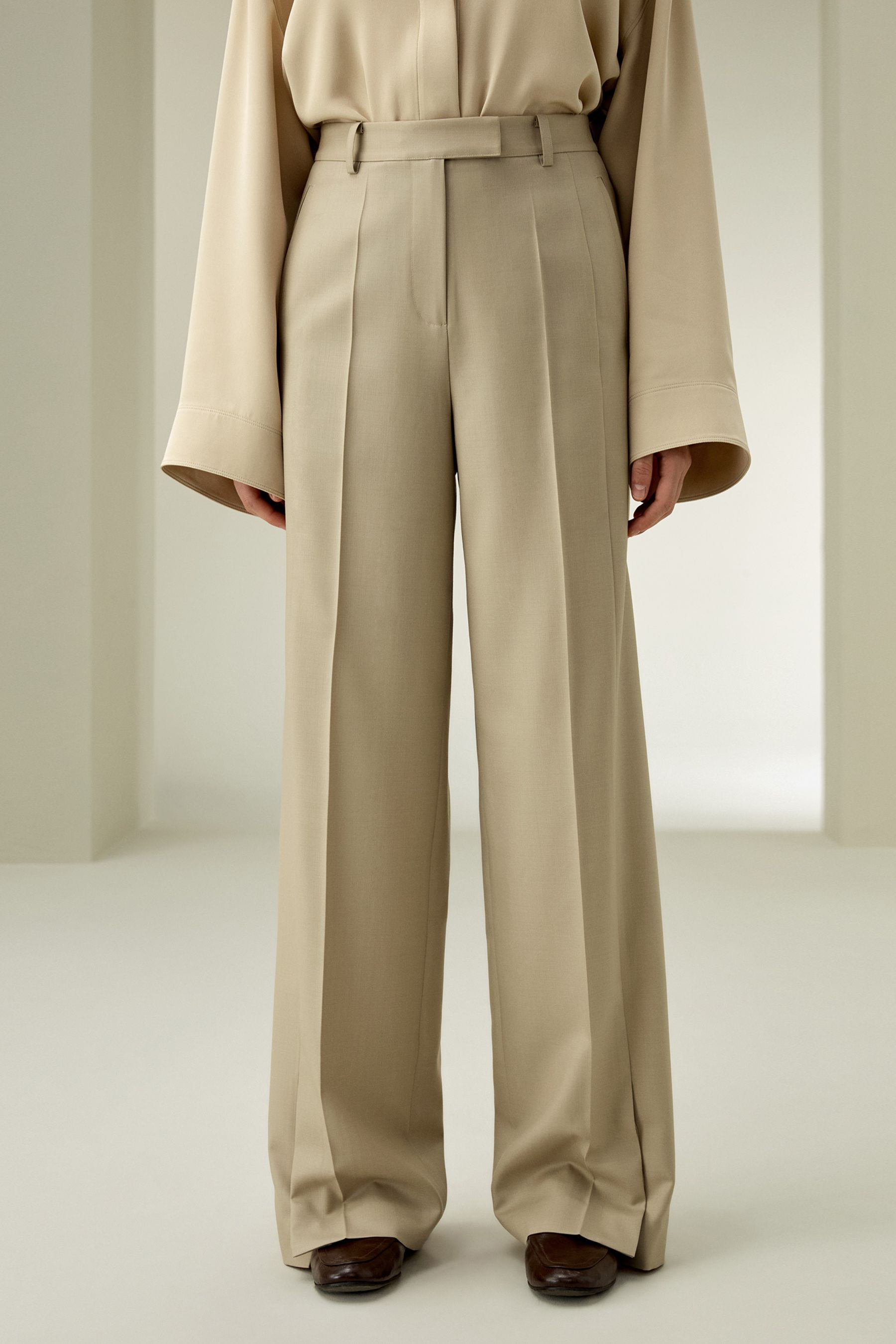 Pantalon droit en laine et soie mélangée | LilySilk