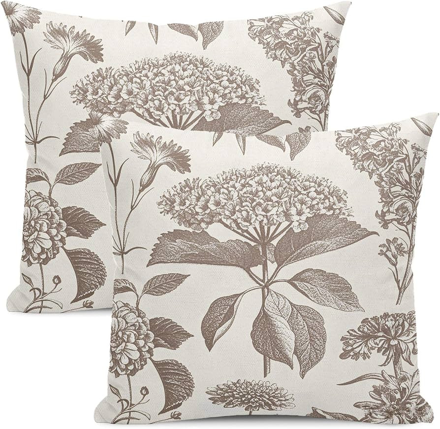 Floral Pillow Covers 18x18 Set of 2 Vintage Khaki Tan Beige Hydrangea Herbs Botanical Throw Pillo... | Amazon (CA)