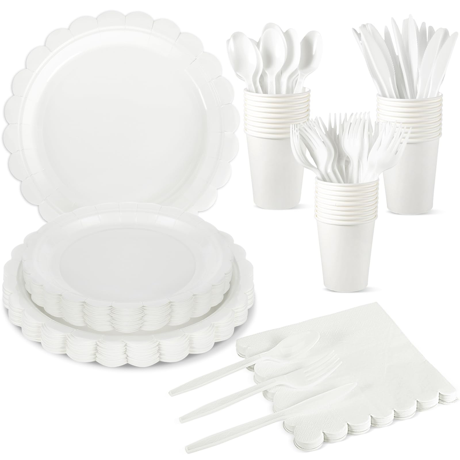 175 Pcs White Paper Plates and Napkins, 25 Guest White Party Supplies Include Scalloped Plates Pa... | Amazon (US)