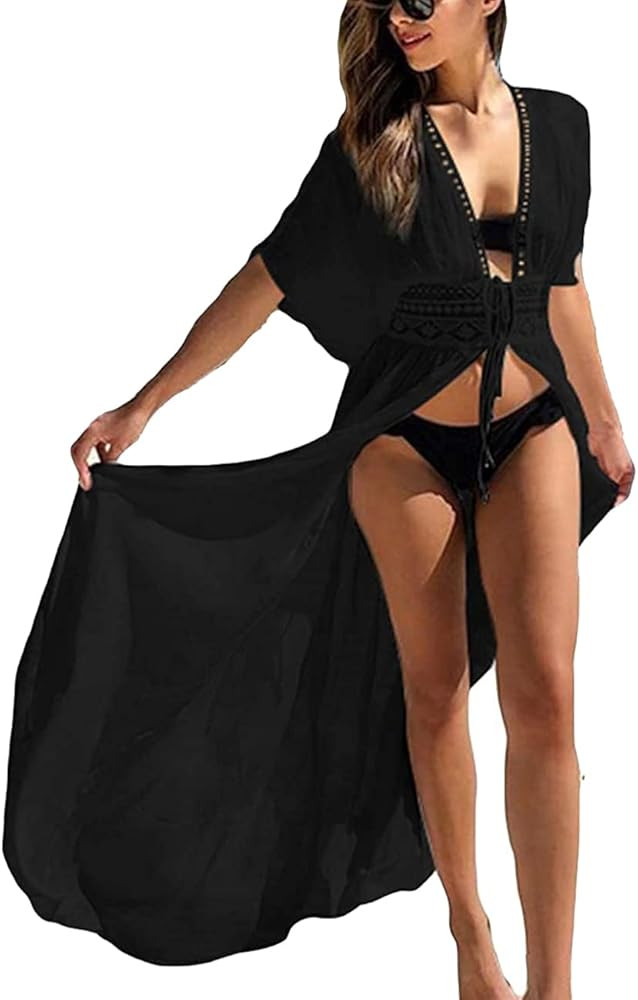 Women Swimsuit Cover Up Open Front Long Beach Kimono Cardigan Swim Bathing Suit Cover Ups with Dr... | Amazon (US)