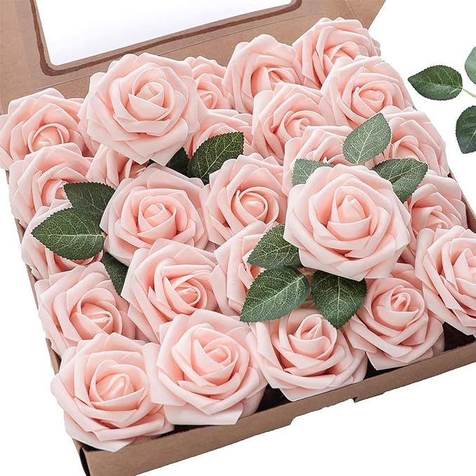 Artificial Flowers 25pcs Real Looking Blush Foam Fake Roses with Stems for DIY Wedding Bouquets W... | Amazon (US)