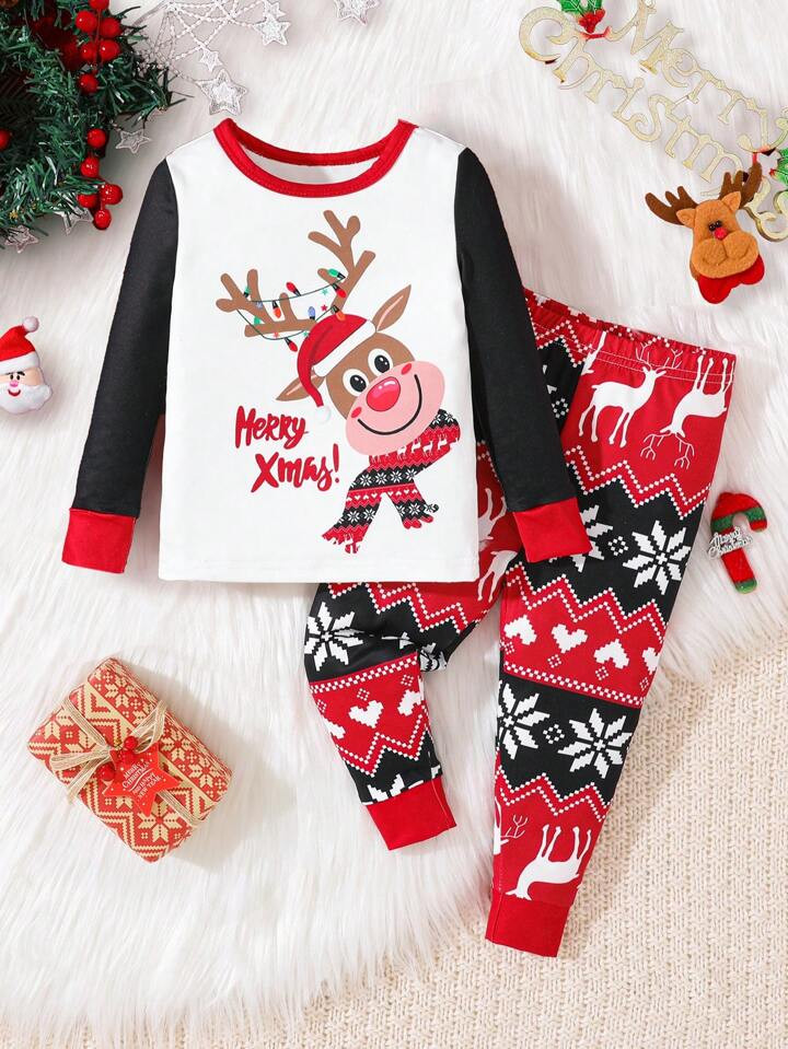 Baby Boy Christmas Pajama Set, Holiday Party Family Matching Pajamas With Reindeer & Fair Isle Pr... | SHEIN