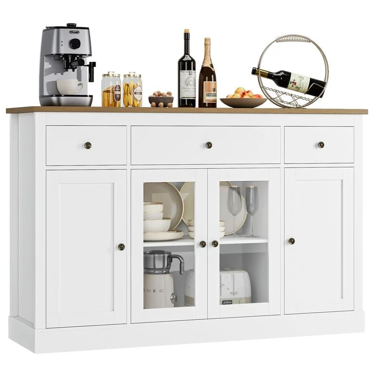 Homfa 55.1'' W Kitchen Buffet Cabinet with 3 Drawer Adjustable Shelf, Glass Door Wooden Sideboard... | Walmart (US)