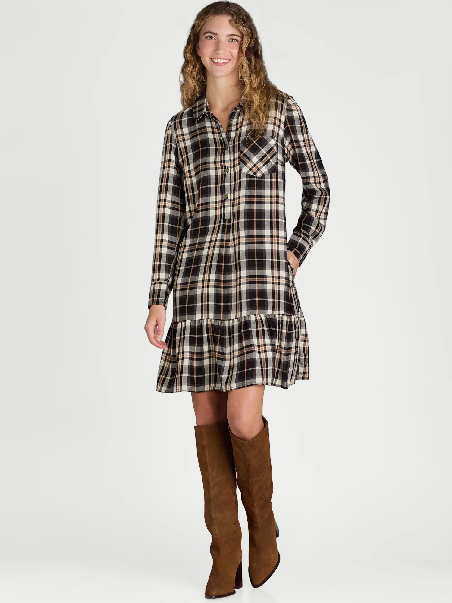 Time and Tru Women's and Women's Plus Ruffle Hem Mini Shirt Dress with Long Sleeves, Sizes XS-4X | Walmart (US)